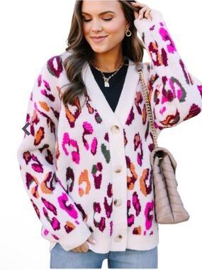 entro Cream Cardigan with Pink and Brown Leopard Spots